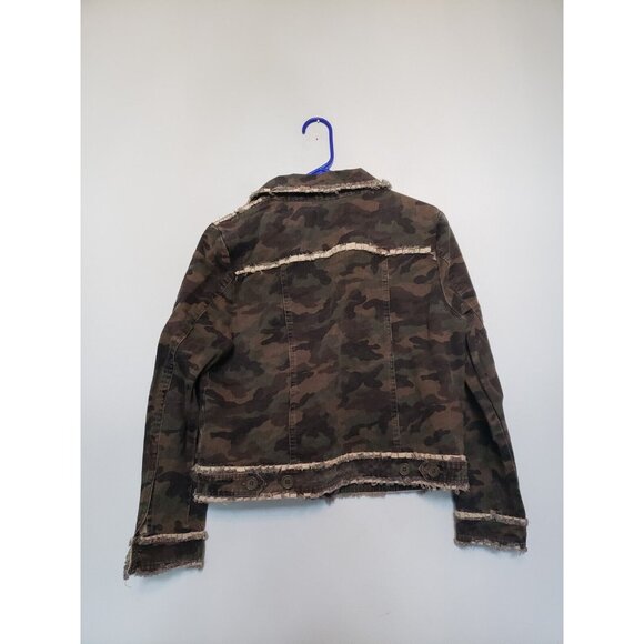 Charlie Page Women's M Trucker Jacket Camo Moto Fray Fringe Hem 100% Cotton NWOT - Picture 2 of 6
